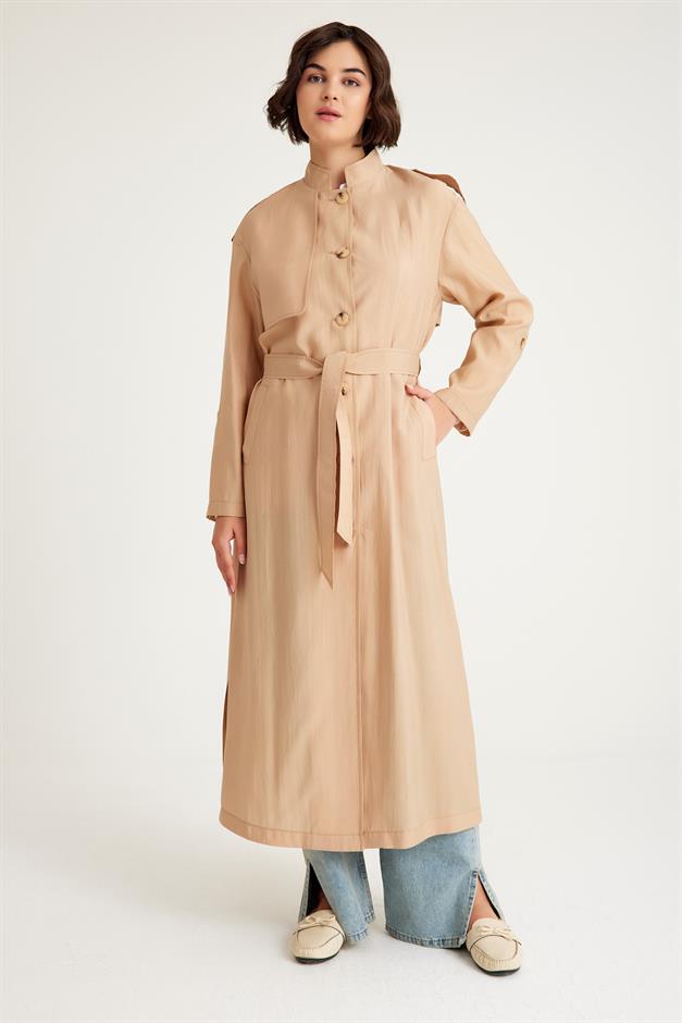 معطف ترنش غير مبطن مع عباءة على شكل جد وتفاصيل حزام كامل 6575