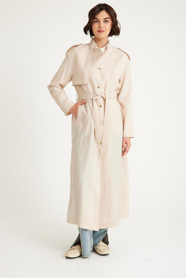 Unlined Trench Coat with Grandad Collar Cape and Belt Detail STONE 6575