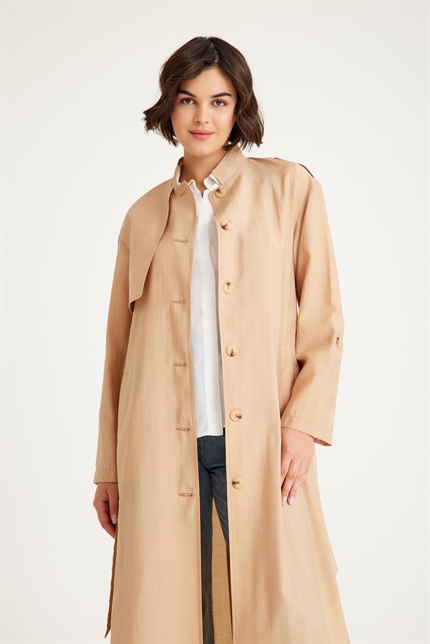 معطف ترنش غير مبطن مع عباءة على شكل جد وتفاصيل حزام كامل 6575