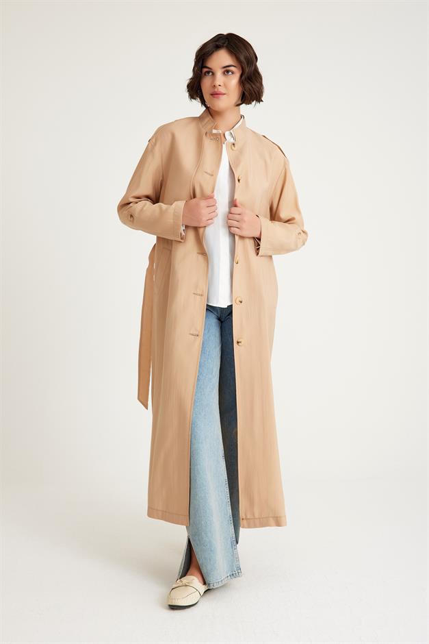 معطف ترنش غير مبطن مع عباءة على شكل جد وتفاصيل حزام كامل 6575