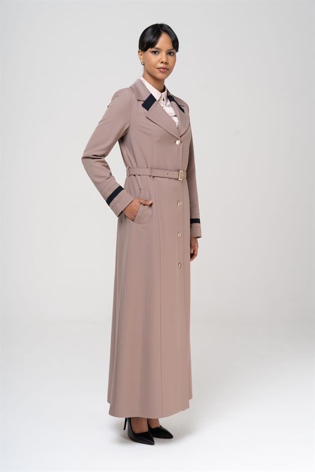 Erkek Yaka Punto ve Kemer Detaylı Astarlı Pardesü VİZON 6552