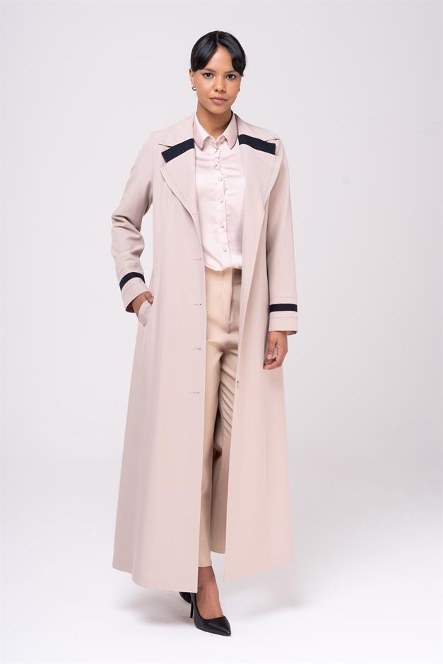 Erkek Yaka Punto ve Kemer Detaylı Astarlı Pardesü BEJ 6552