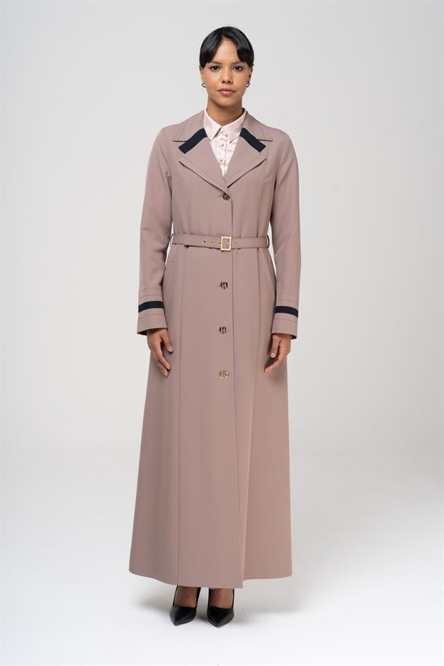 Erkek Yaka Punto ve Kemer Detaylı Astarlı Pardesü VİZON 6552