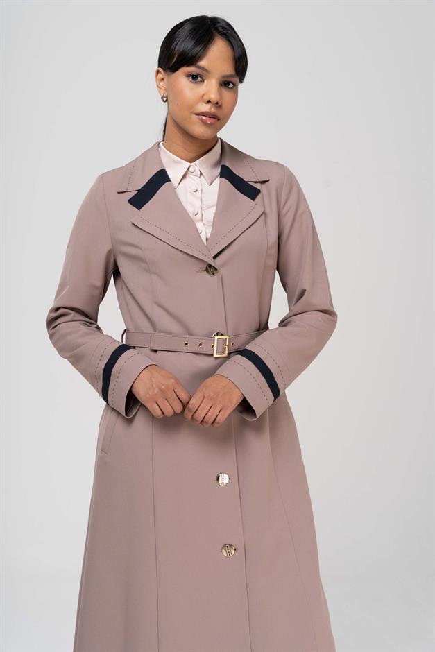 Erkek Yaka Punto ve Kemer Detaylı Astarlı Pardesü VİZON 6552