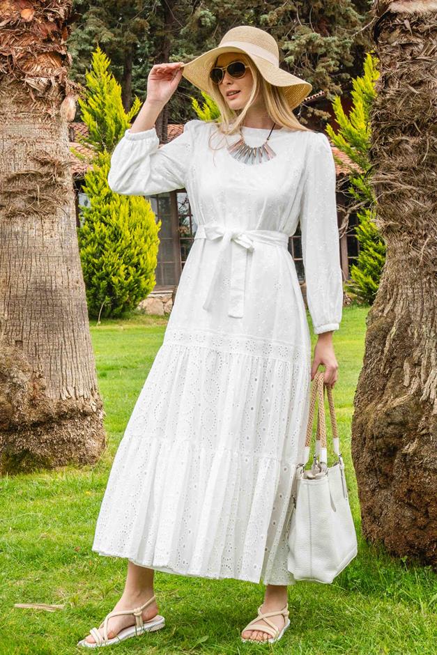 Cotton Guipure Long Dress with Pleated Skirt and Belt at Waist WHITE 9910-E