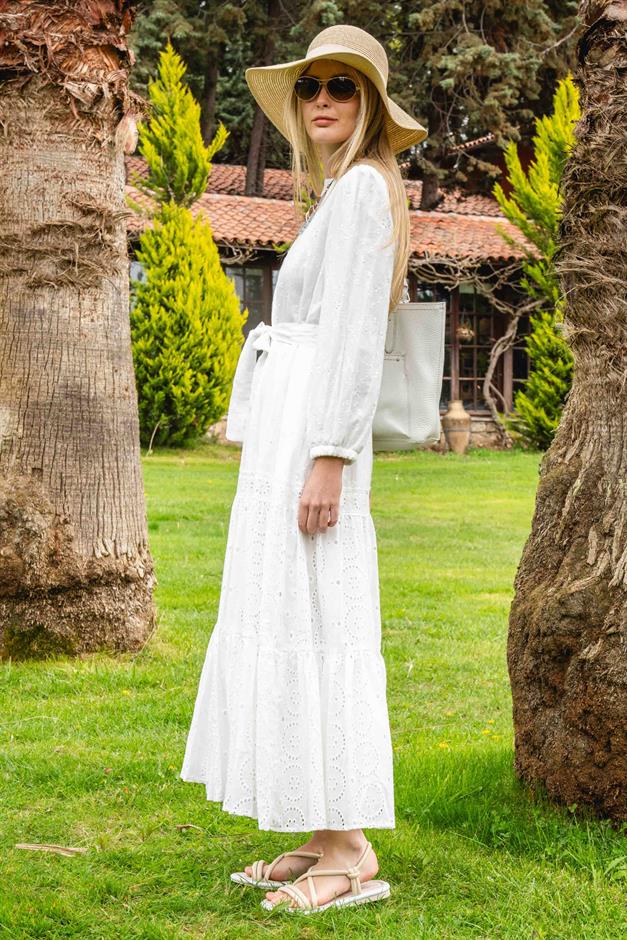 Cotton Guipure Long Dress with Pleated Skirt and Belt at Waist WHITE 9910-E