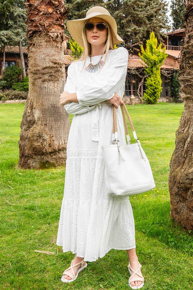 Cotton Guipure Long Dress with Pleated Skirt and Belt at Waist WHITE 9910-E