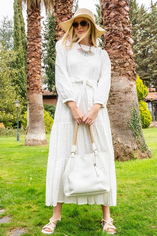 Cotton Guipure Long Dress with Pleated Skirt and Belt at Waist WHITE 9910-E