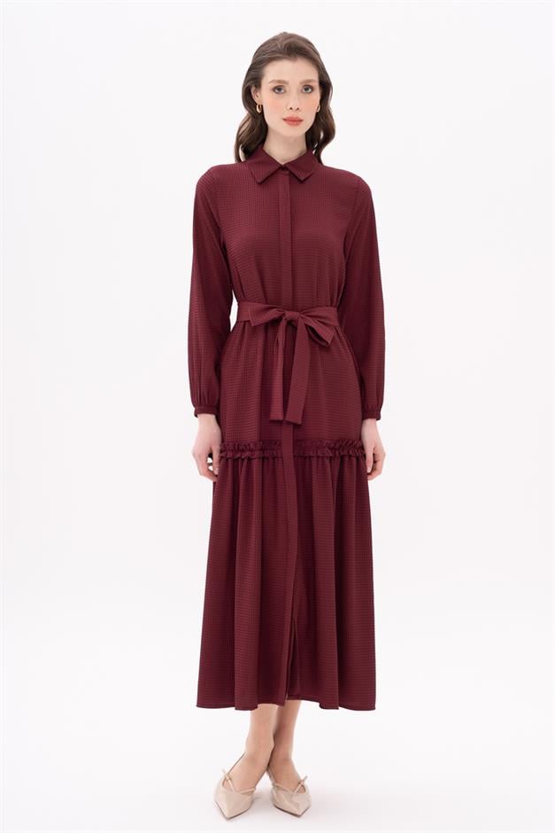 Long Dress with Pleated Skirt and Belt at Waist CLARET RED 9766-E
