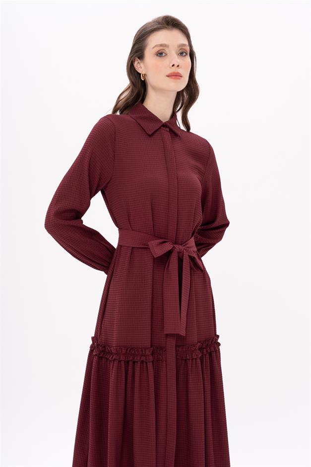 Long Dress with Pleated Skirt and Belt at Waist CLARET RED 9766-E