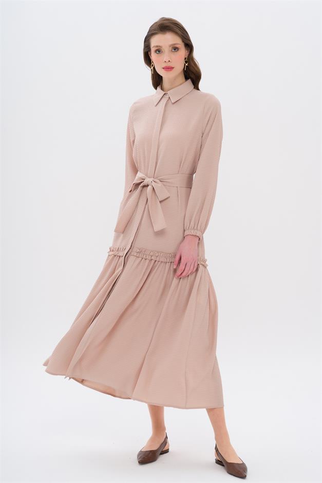 Long Dress with Pleated Skirt and Belt at Waist AGE 9766-E