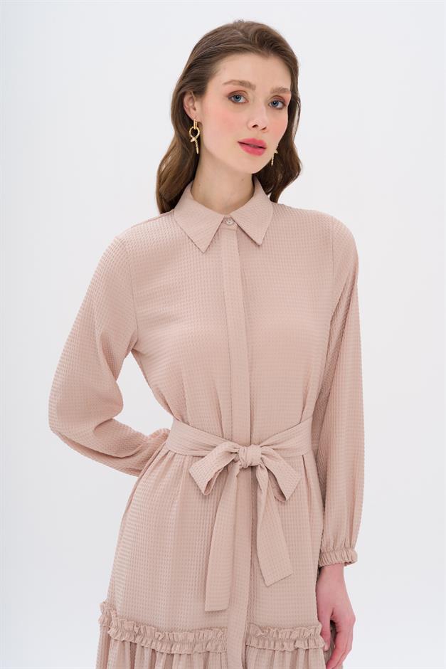 Long Dress with Pleated Skirt and Belt at Waist AGE 9766-E