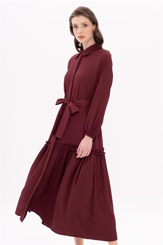 Long Dress with Pleated Skirt and Belt at Waist CLARET RED 9766-E