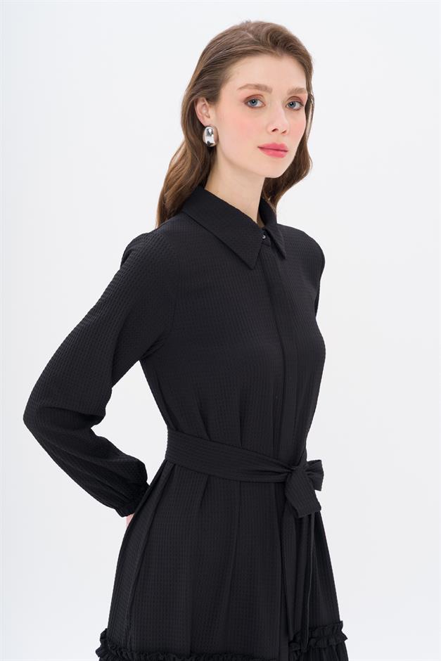 Long Dress with Pleated Skirt and Belt at Waist BLACK 9766-E