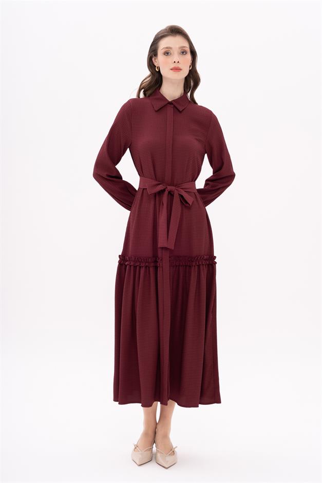 Long Dress with Pleated Skirt and Belt at Waist CLARET RED 9766-E