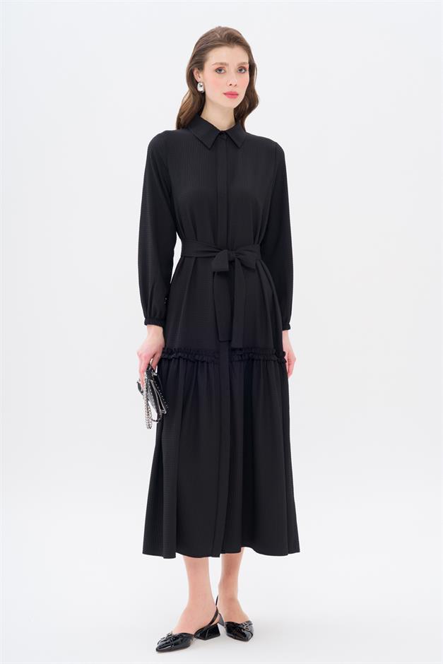 Long Dress with Pleated Skirt and Belt at Waist BLACK 9766-E