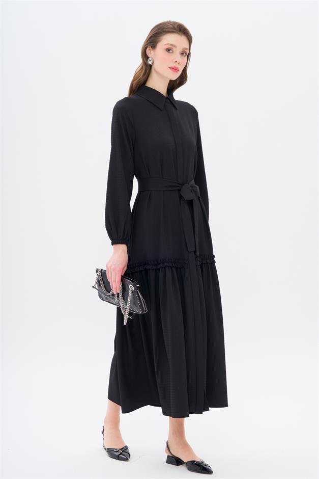 Long Dress with Pleated Skirt and Belt at Waist BLACK 9766-E