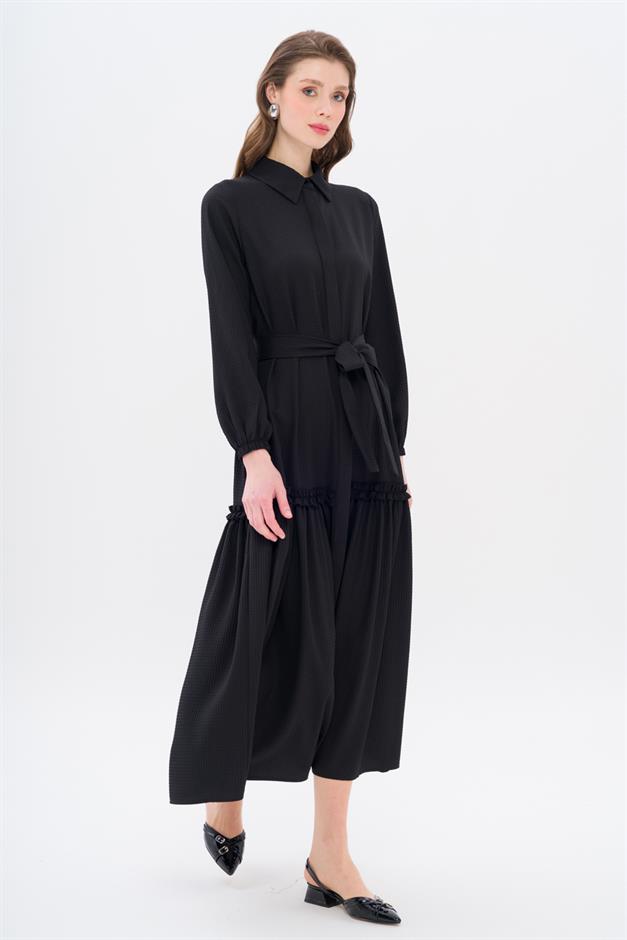Long Dress with Pleated Skirt and Belt at Waist BLACK 9766-E