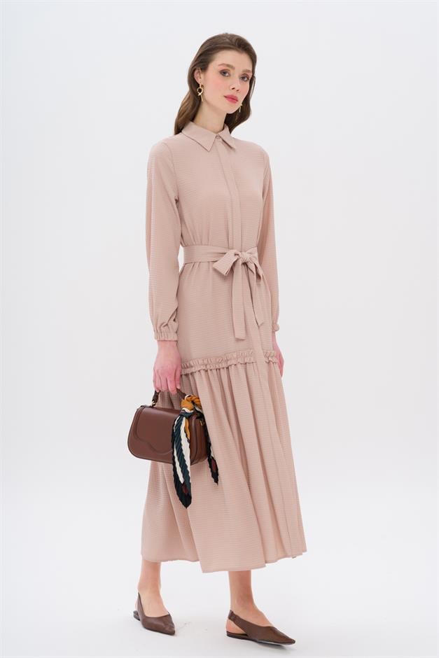 Long Dress with Pleated Skirt and Belt at Waist AGE 9766-E