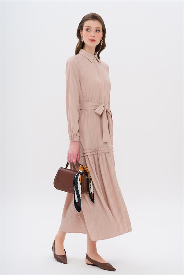 Long Dress with Pleated Skirt and Belt at Waist AGE 9766-E