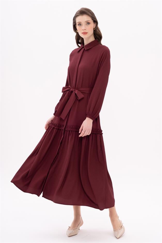 Long Dress with Pleated Skirt and Belt at Waist CLARET RED 9766-E
