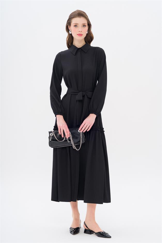 Long Dress with Pleated Skirt and Belt at Waist BLACK 9766-E
