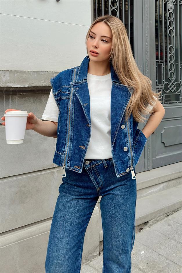 Short Denim Vest with Zipper Detail DARK BLUE 8256