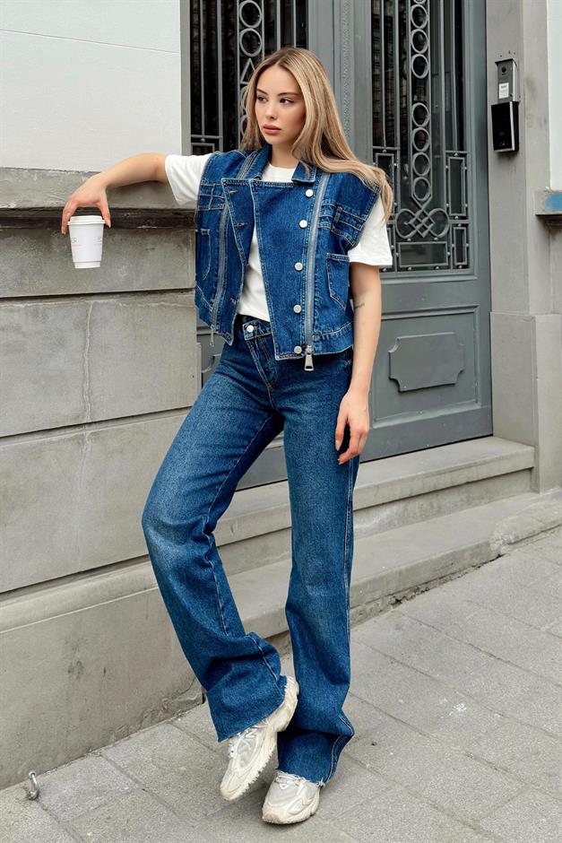 Short Denim Vest with Zipper Detail DARK BLUE 8256