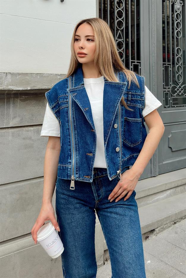Short Denim Vest with Zipper Detail DARK BLUE 8256