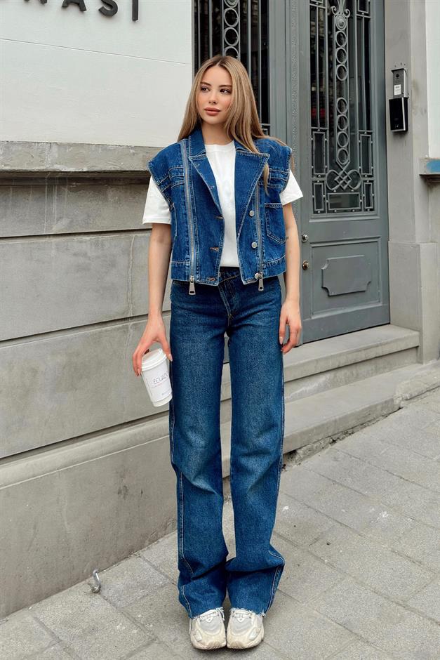 Short Denim Vest with Zipper Detail DARK BLUE 8256