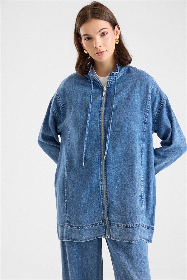 Fermuar Kapamalı Bağcık Detaylı Soft Denim Ceket Pantolon İkili Takım MAVİ 9468-TK