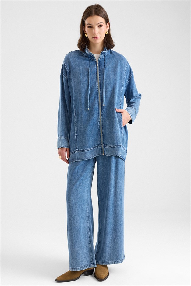 Fermuar Kapamalı Bağcık Detaylı Soft Denim Ceket Pantolon İkili Takım MAVİ 9468-TK