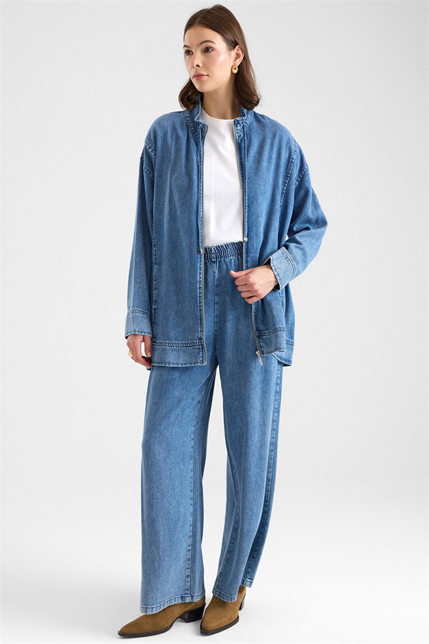Fermuar Kapamalı Bağcık Detaylı Soft Denim Ceket Pantolon İkili Takım MAVİ 9468-TK