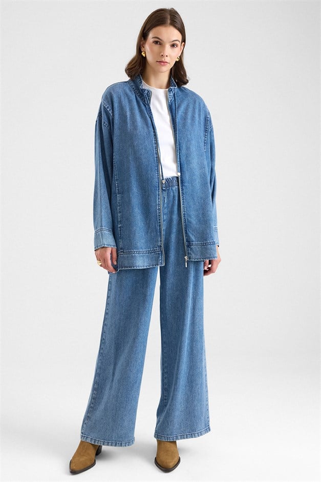 Fermuar Kapamalı Bağcık Detaylı Soft Denim Ceket Pantolon İkili Takım MAVİ 9468-TK