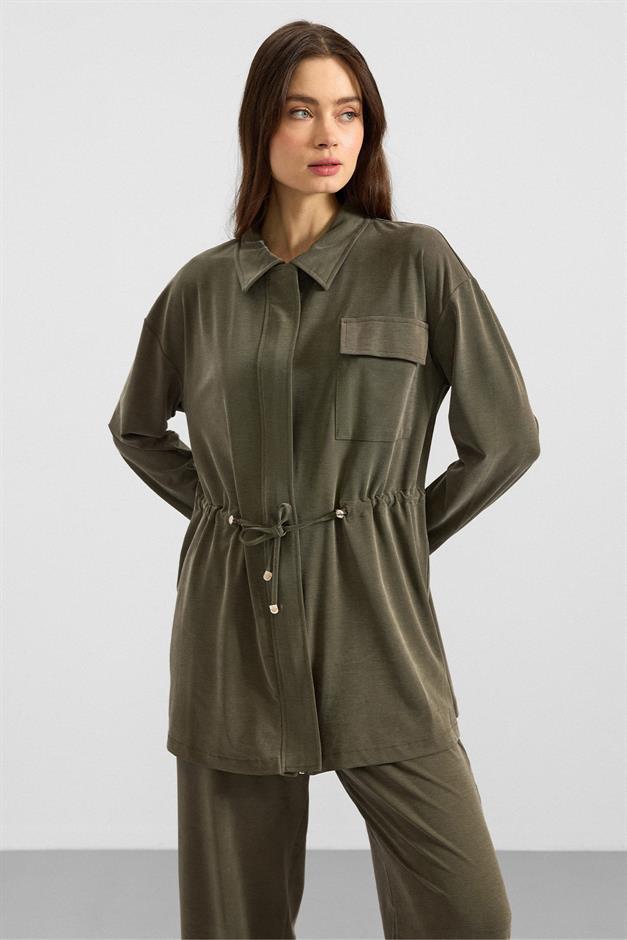 Fermuar Kapamalı Beli Büzgülü Premium Kumaş Sweat Pantolon Takım HAKİ 9406-TK