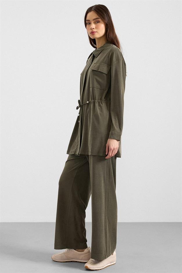 Fermuar Kapamalı Beli Büzgülü Premium Kumaş Sweat Pantolon Takım HAKİ 9406-TK