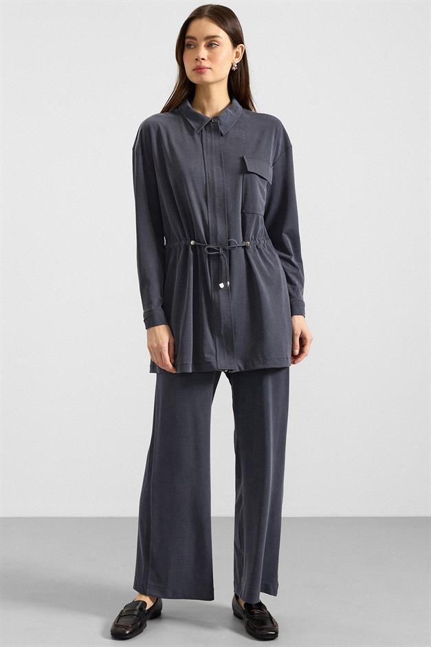 Fermuar Kapamalı Beli Büzgülü Premium Kumaş Sweat Pantolon Takım LACİVERT 9406-TK