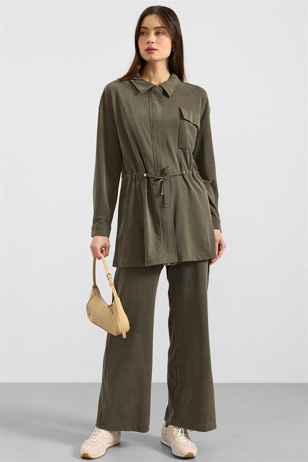 Fermuar Kapamalı Beli Büzgülü Premium Kumaş Sweat Pantolon Takım HAKİ 9406-TK