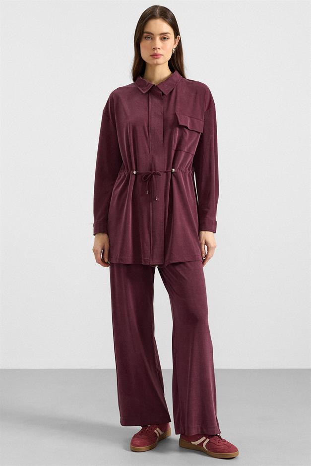 Fermuar Kapamalı Beli Büzgülü Premium Kumaş Sweat Pantolon Takım BORDO 9406-TK