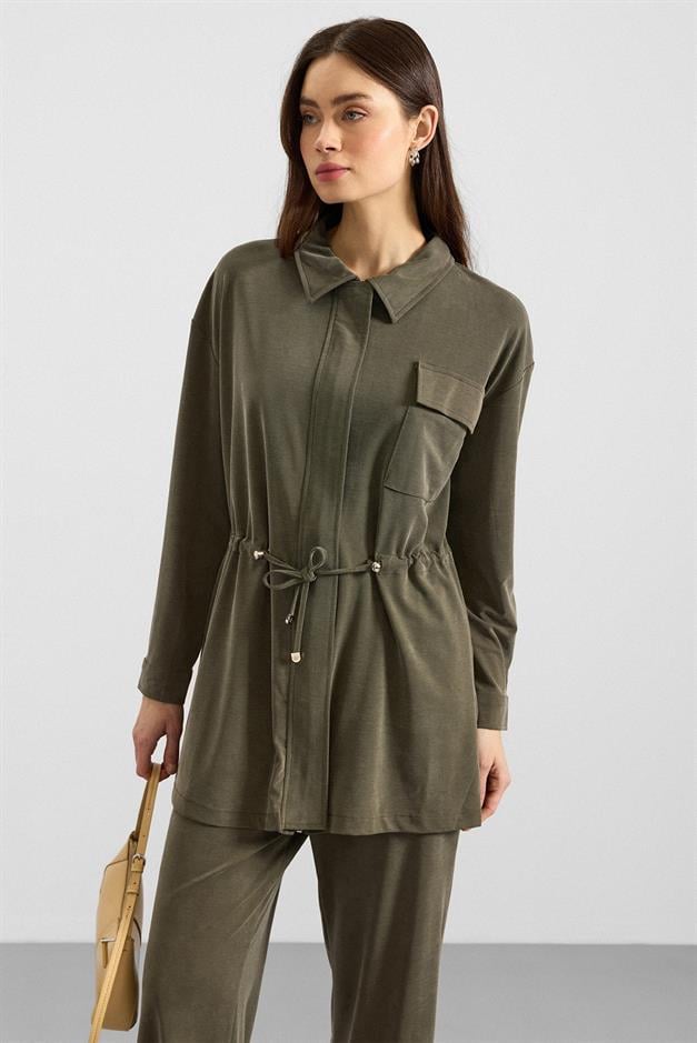 Fermuar Kapamalı Beli Büzgülü Premium Kumaş Sweat Pantolon Takım HAKİ 9406-TK