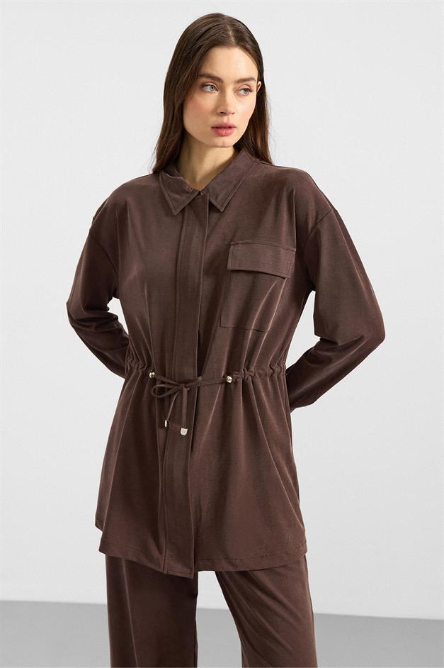 Fermuar Kapamalı Beli Büzgülü Premium Kumaş Sweat Pantolon Takım KAHVE 9406-TK