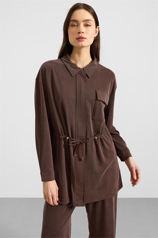 Fermuar Kapamalı Beli Büzgülü Premium Kumaş Sweat Pantolon Takım KAHVE 9406-TK