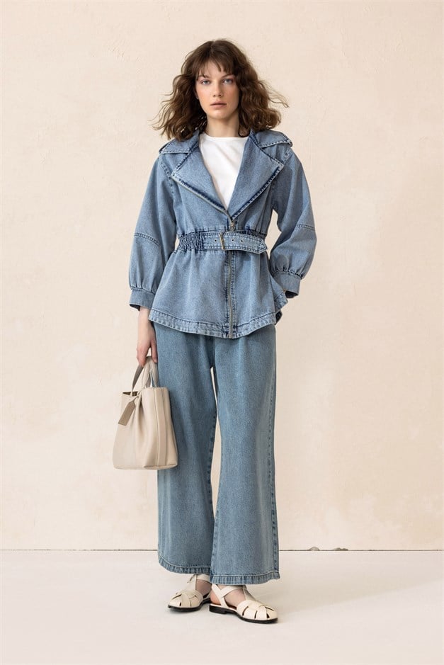 Fermuar Kapamalı Beli Lastik ve Kemer Detaylı Kot Ceket MAVİ 8257