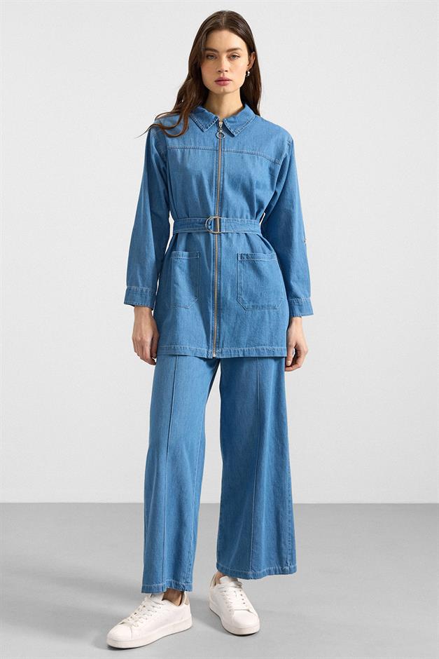 Fermuar Kapamalı Bol Paça Denim İkili Takım AÇIK MAVİ 9392-TK