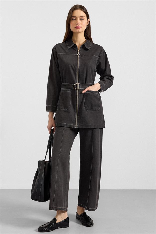 Fermuar Kapamalı Bol Paça Denim İkili Takım ANTRASİT 9392-TK