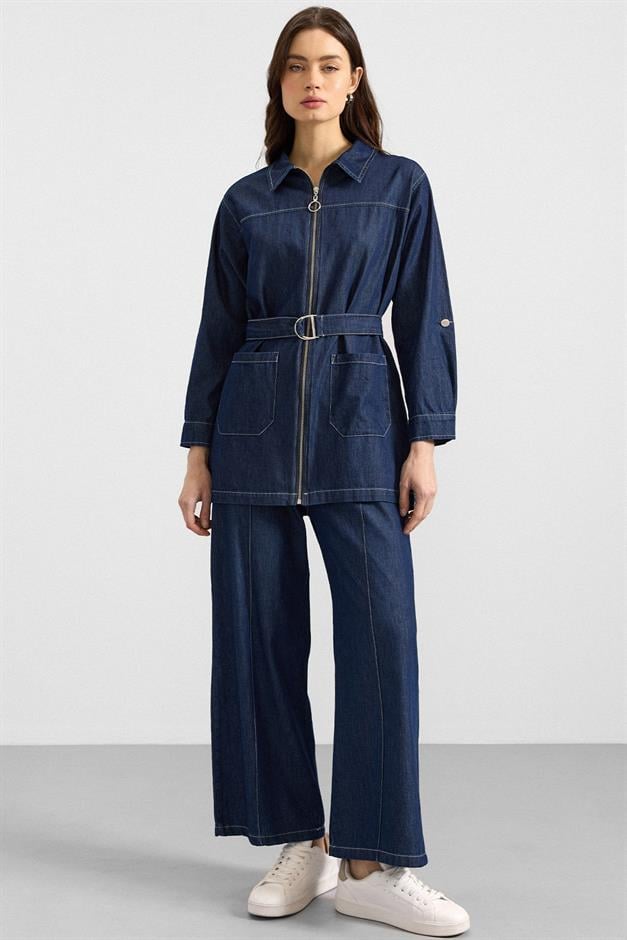Fermuar Kapamalı Bol Paça Denim İkili Takım KOYU MAVİ 9392-TK