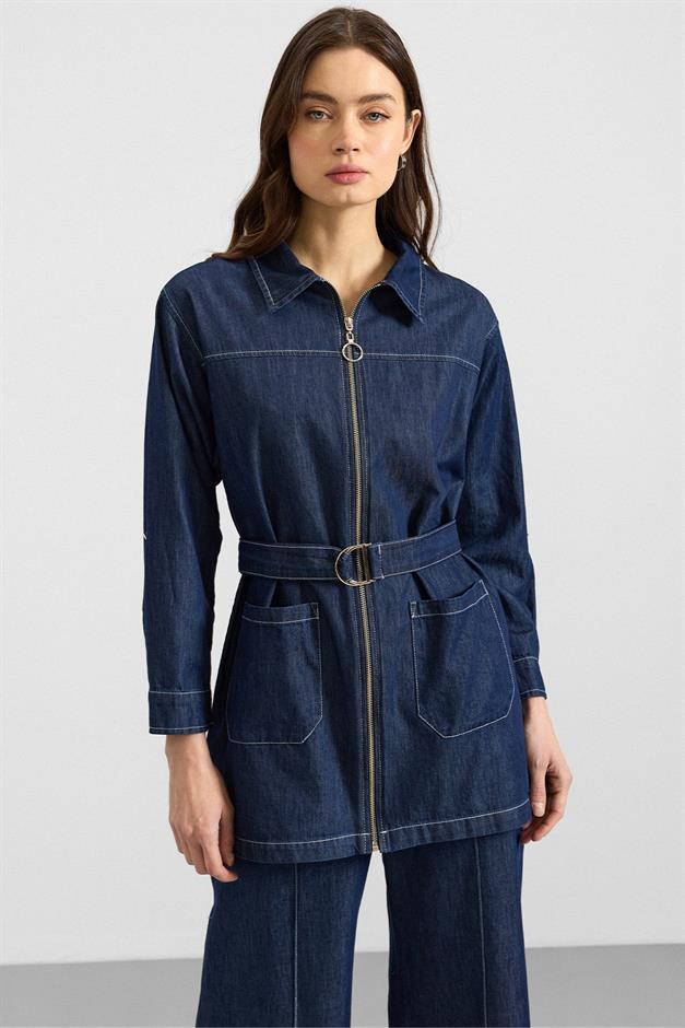 Fermuar Kapamalı Bol Paça Denim İkili Takım KOYU MAVİ 9392-TK