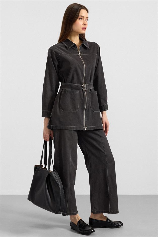 Fermuar Kapamalı Bol Paça Denim İkili Takım ANTRASİT 9392-TK