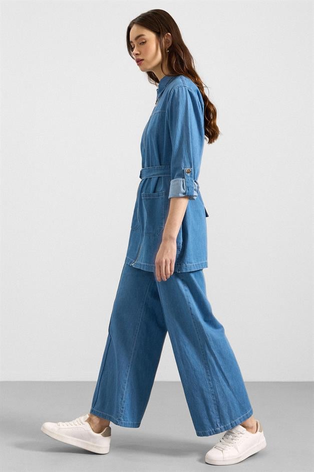 Fermuar Kapamalı Bol Paça Denim İkili Takım AÇIK MAVİ 9392-TK