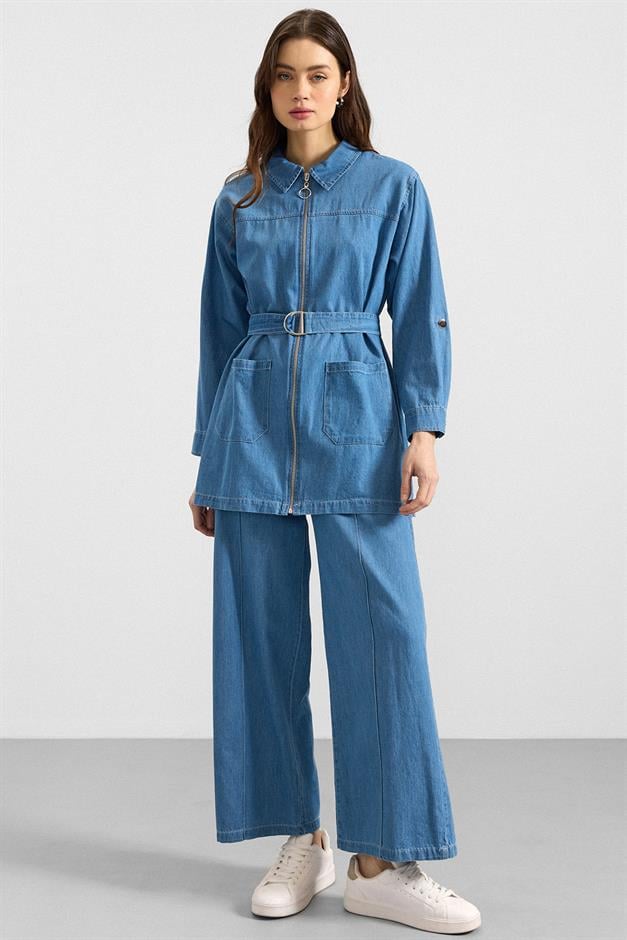 Fermuar Kapamalı Bol Paça Denim İkili Takım AÇIK MAVİ 9392-TK